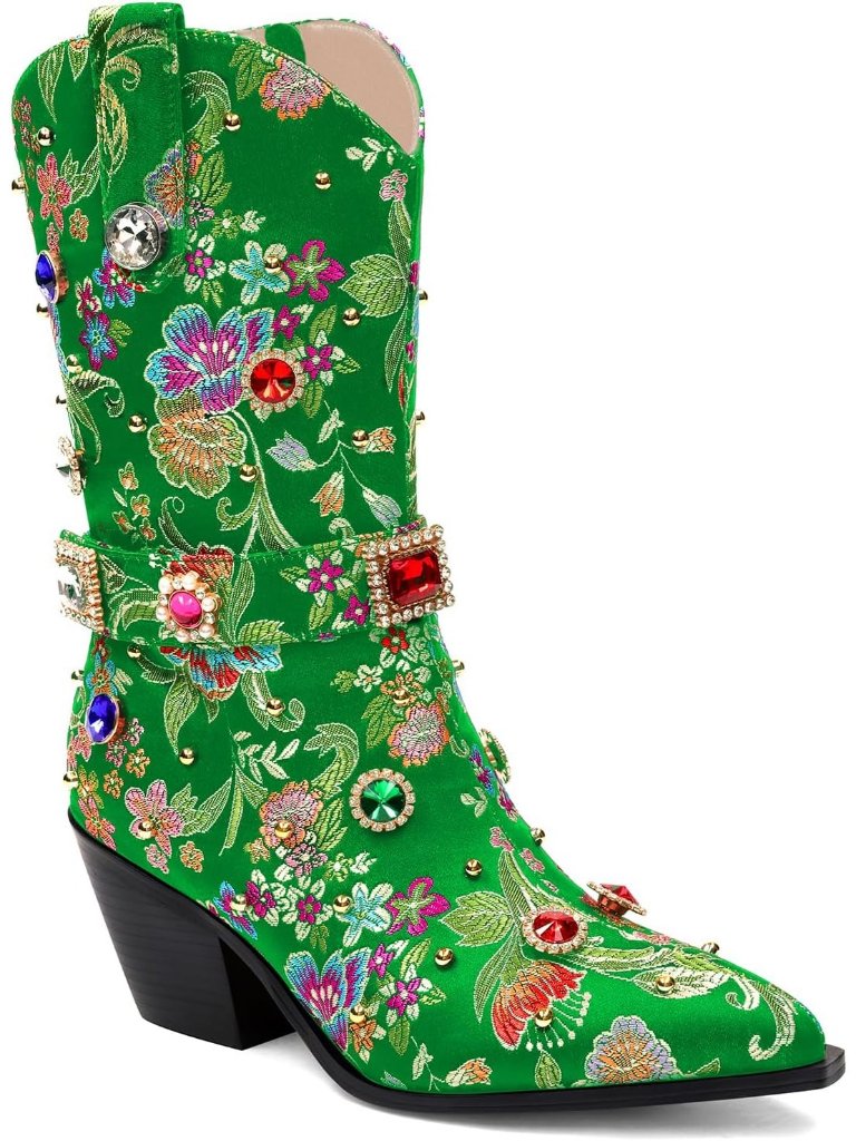 Women's Green Polyurethane Sparkly Rhinestone Cowgirl Diamond Mid-Calf Boots